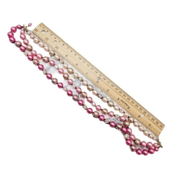 Vtg 3-Strand Faux Pearl Bead Necklace Gold Tone Filigree Pink Adjustable 14"+2.5 - Picture 11 of 11